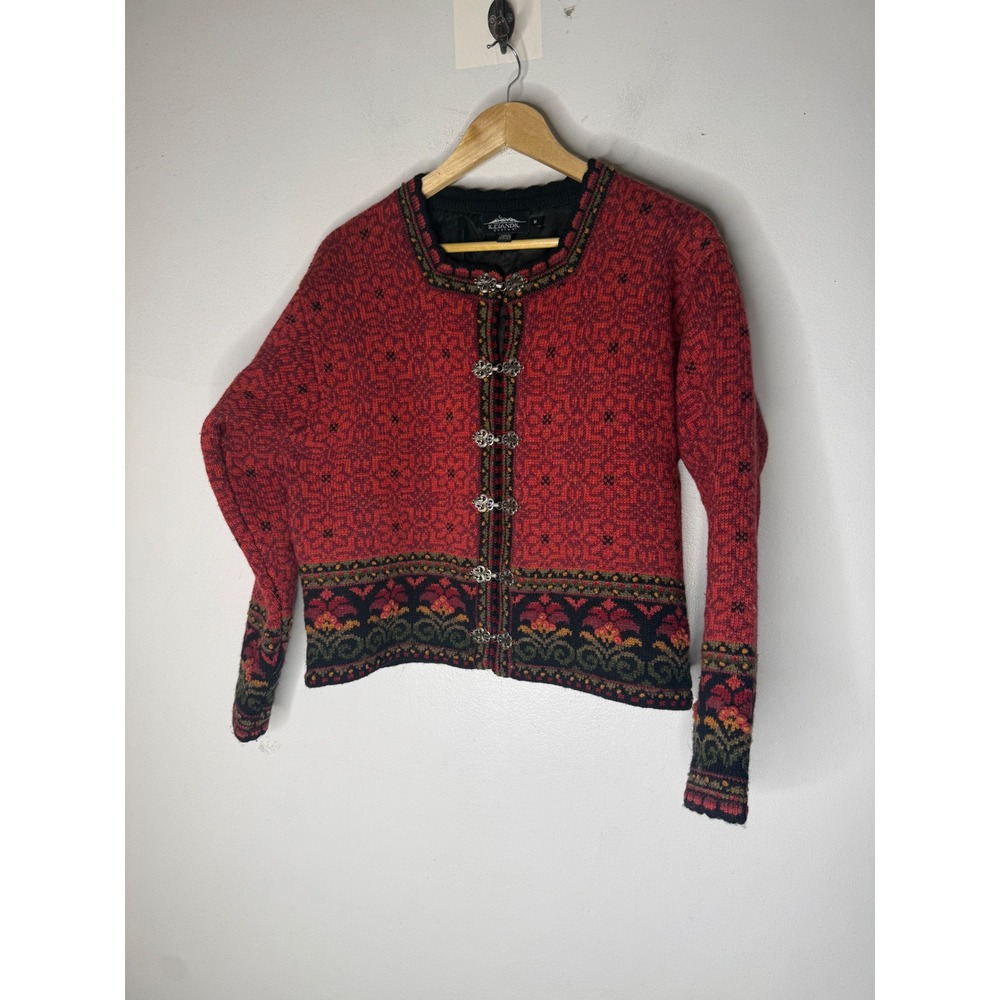 Icelandic Design Red Nordic Wool Cardigan Metal Clasp Sweater Womens Medium